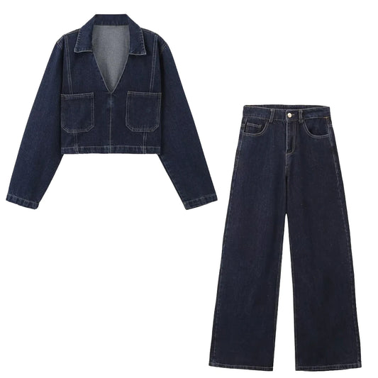 Long Sleeve Short Denim Shirt High Waist Wide Leg Jeans Set