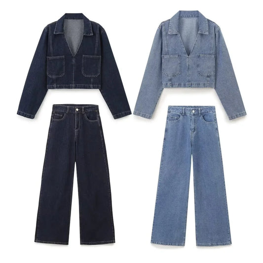 Long Sleeve Short Denim Shirt High Waist Wide Leg Jeans Set