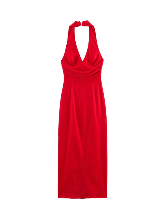Red Halter Pleated Dress