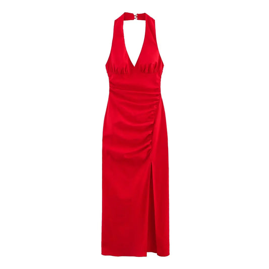 Red Halter Pleated Dress